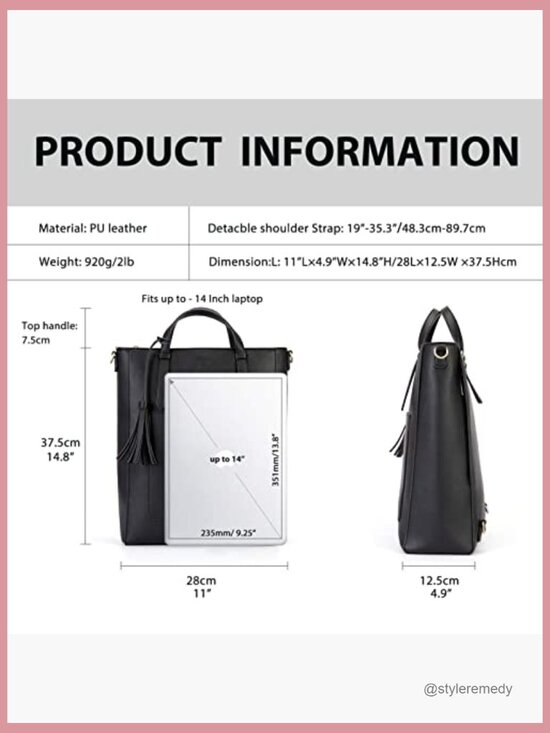 Convertible Tote Backpack Laptop Bag Vegan Leather Shoulder Handbag main image 4